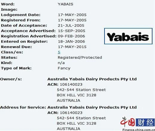 澳大利亚知识产权局YABAIS商标搜索出的最初注册时间为2005年5月17日。