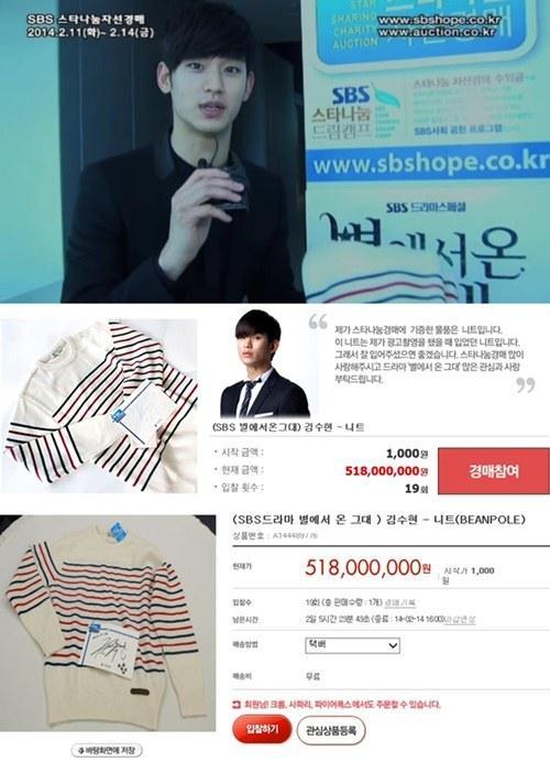 金秀贤拍卖毛衣粉丝出价285万元 起价仅6元(图)