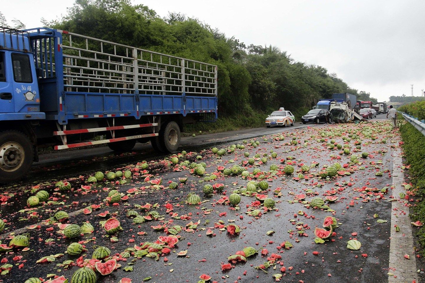 海南一西瓜车翻车 2吨西瓜散落路面-中国学网
