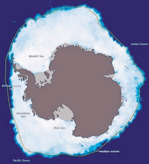 9月26日卫星观测的南极海冰面积,约为1944万平方公里