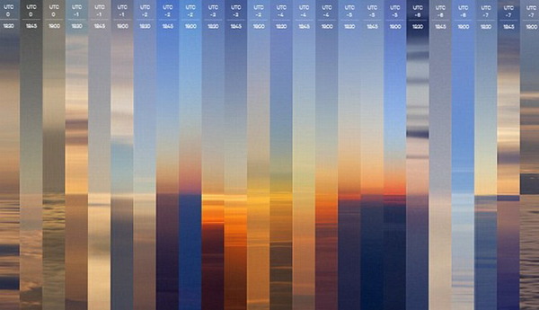 　　英国摄影师罗伯茨乘坐飞机追逐太阳，在24个时区内拍摄到所有落日景象（网页截图）