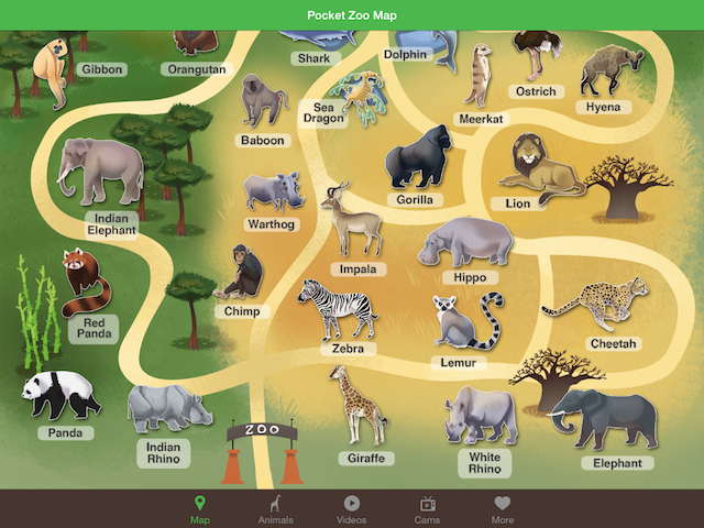 Pocket Zoo:最具人气的“超级动物园” 打开应用,即能看到一个种类极其丰富的“超级动物园”。 相比VIRRY 的扁平化设计,Pocket Zoo 的界面采用卡通贴图风,除了必不可少的直播和视频,每一种动物还有叫声录音、插图和习性介绍,十分适合用于孩子的教育。