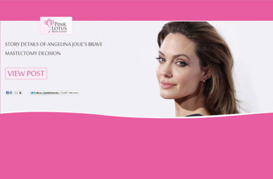 朱莉在比佛利山粉红莲花乳房中心动切乳手术，该中心官网首页换上她的照片。