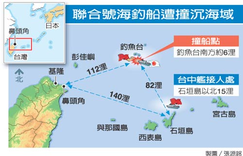 资料图 2008年台湾渔船在钓鱼岛海域遭日本船撞沉,石垣岛在图中右