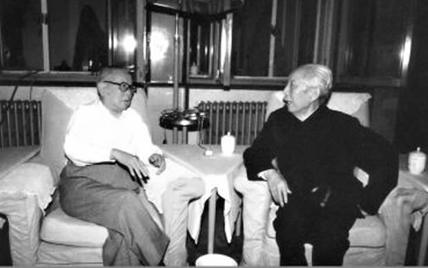 1988年6月20日，李先念（左）和王震在东湖梅岭一号亲切交谈。 