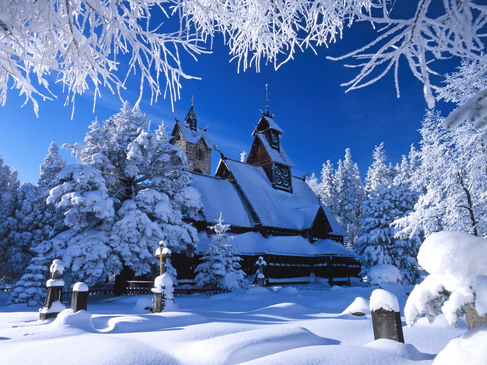 Wallpaper Cold winter, snow and ice season, trees, houses, ponds ...