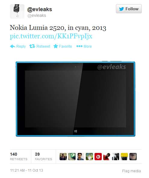 首张蓝绿色诺基亚平板Lumia 2520谍照曝光