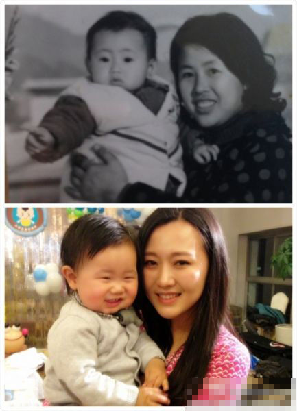 上图：潘阳妈妈抱着潘阳下图：潘阳抱着一岁的儿子