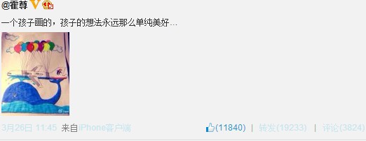 霍尊晒儿童画：马航飞机被彩色气球救起(图)