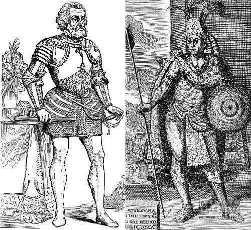 阿兹特克王蒙特祖玛（右）和西班牙入侵者科尔特斯（左）。