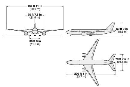 波音777-200客机三视图,可以轻易看见凸出于机翼的发动机舱