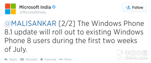 微软印度方面表示会在7月前两周推送WP 8.1更新