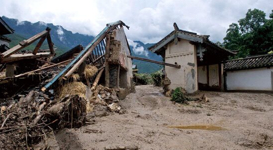 7月10日，香格里拉县上江乡格兰村泥石流灾害现场。