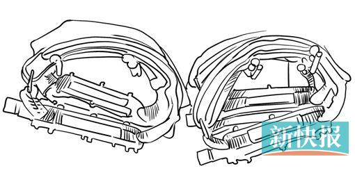 ●平地花式自行车上的脚踏板,脚踏板上布满了防止打滑的金属钉,还有用于刹车的脚套,脚踏金属钉经常会划伤车手的脚。