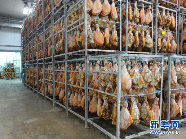 经过前期处理的猪腿都被送到这里悬挂风干,慢慢地它们就变成了“火腿”。猪腿在这里的时间至少为10个月。