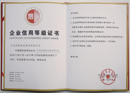 柏厨被评为企业信用评价AAA级信用企业|信用