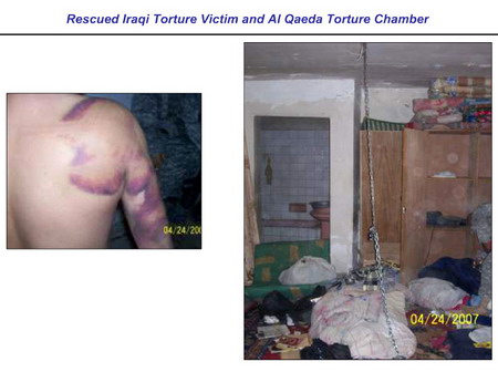 　　“基地”组织实施酷刑(左图)，“基地”“酷刑室”(右图)。