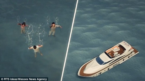 图：英国一公司发明首架无人驾驶小型飞机,每架无人驾驶飞机携带3个救生圈和摄像头。