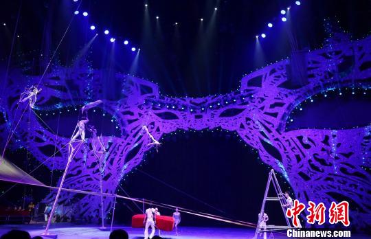 朝鲜国立杂技团的空中节目《浪桥飞人》参演剧照　冒韪　摄