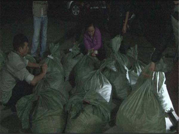 图为黄廷游和武文田藏匿的走私烟花爆竹被分装在56个大塑料袋中。