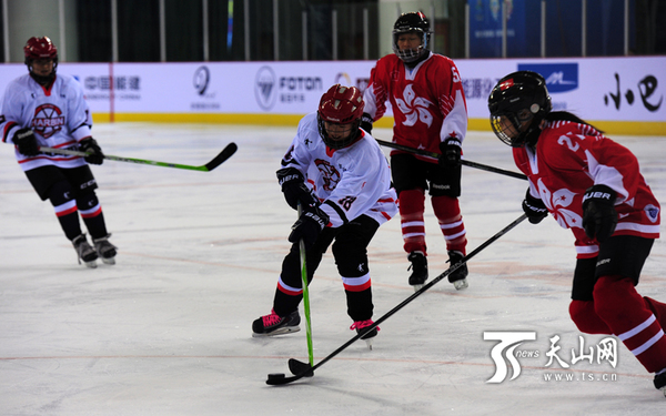 比赛现场，白色队服为哈尔滨队，红色队服为香港队。