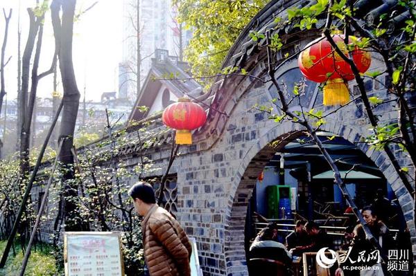 人民公园内的茶馆挂上红灯笼迎接新春。周栩如 摄