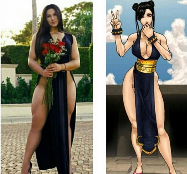 美国模特因西诺萨的大腿几乎比普通人的腰围都粗,形似《街头霸王》中的角色“春丽”,在社交媒体上吸引大量粉丝。(网页截图)