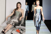 汤唯金属色褶皱抹胸裙来自Giorgio Armani2012春夏系列。
