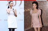 张柏芝1980年5月出生，安以轩1980年9月出生，后者粉色小短裙打扮显得更年轻，张柏芝一身白裙稍显憔悴。