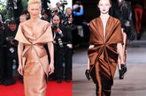 一向以穿衣品味高而著称的蒂尔达-斯维顿（Tilda Swinton）穿上了Haider Ackermann 2012秋冬系列的裸褐色礼服，气场强大。