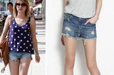 这天气说热就热起来了，气温一下子窜到了30度上下，又到了穿热裤的季节啦！今年夏天的热裤，除了常见的须边破洞牛仔热裤，印花热裤变得非常流行，只要搭配一件简单的白T恤或者衬衫，热裤就会变得很时髦！艾玛-罗伯特（Emma Roberts）波点T恤很是俏皮，搭配牛仔短裤和帆布鞋，舒适又休闲。 ZARA短裤 RMB：399