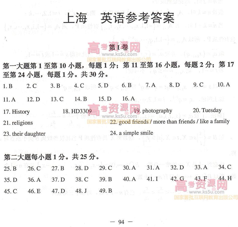 2012年上海高考英语试卷及答案