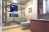潮流的浴室吊顶设计，给时尚个性的浴室增加了一道美丽的风景线。条纹的吊顶，在白色灯光的映照下，简洁、利落大方。（实习编辑：容少晖）