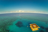 这是在非洲附近海域新近开业的一家水下旅店，每一个房间都是浮在水天之间的一座浪漫小岛，一半在水下，一半在水上。于是，你可以下到水里安全地看水景，也可以攀上屋顶惬意地晒太阳。双人房1500美元/晚，单人房900美元/晚——啥都不要想了，努力赚钱吧~
（实习编辑：容少晖）