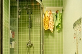 同样是以绿色系瓷砖墙面来作为卫生间主色调，这款小户型卫生间在淋浴房周围打造出一片绿色，而另一边墙面以纯净简约的白色来呈现，让整体色调不会显得太过鲜艳，让白色来中和色调从而显出业主想要的清新感。（实习编辑：温存）