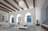 摩洛哥风格有着浓郁的地域风情，经典的古典建筑元素无疑是室内设计风格的重要表现手段。造型壁龛，经典花窗隔断都是不错的选择。地面也选择了比较有代表性的拼花图案。整个空间以白色为主，无论是吊顶、墙面、地面还是家具的选择都是以白色为主，只有少量的点缀采用了蓝色。让整个空间看起来纯洁素雅。(实习编辑：江冬妮）
