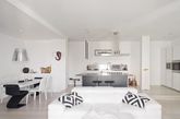 ①	优雅白色
白色的居室简洁、通透，开放式的厨房和起居室融为一体。搭配些许黑、灰色，让空间不再单调。银色灯饰和极富设计感的黑色椅子以及黑色花纹的抱枕均是精心挑选。
