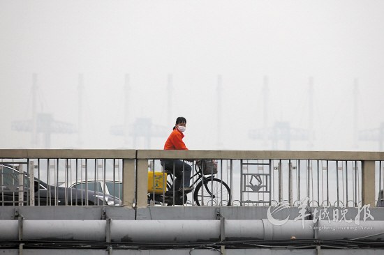 一市民戴口罩骑单车经过广州大桥，背后的海心沙一片朦胧 羊城晚报记者 蔡弘 摄