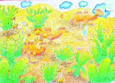 陕西省安康市吴俊杰小朋友创作的儿童画《沙漠中的自来水》