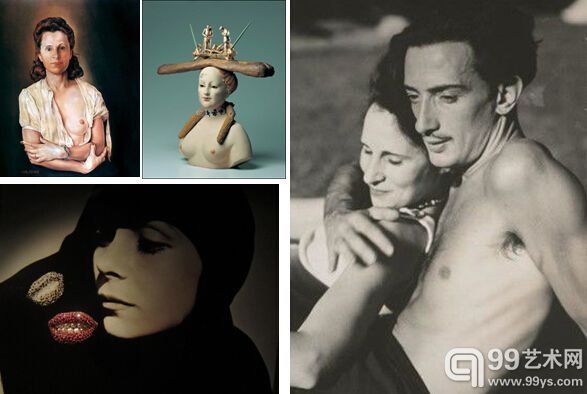 左上：加拉画像和雕塑（达利）；左下：达利为妻子创作的珠宝；右边，夫妻照片