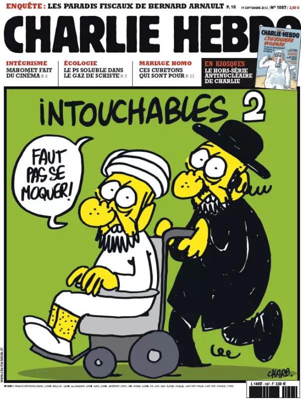 2012年9月，杂志发表了如上封面，一个犹太教神父推着坐轮椅的阿拉伯人（恶搞法国电影《触不可及》）。