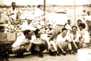 周总理在十三陵水库工地上劳动休息时和工人们在一起。