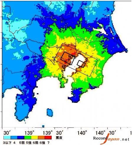 日本首都圈直下型地震震度分布预测图