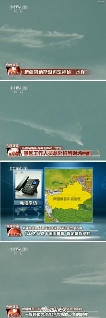 央视新闻画面中景区工作人员拍摄到的“喀纳斯湖水怪”身影