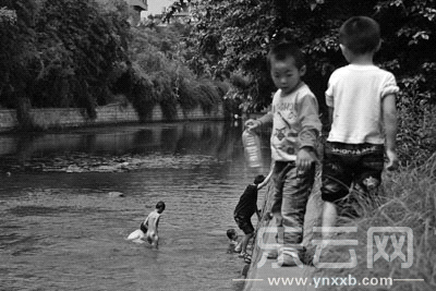 船房河河岸上,两小孩侧身而过,十分危险。