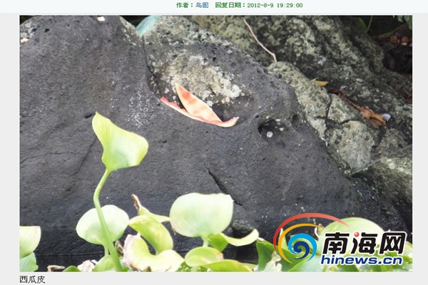 　　冷泉旁岩石的间隙中有路人随意丢弃的西瓜皮(南海网见习记者刘莎网络截图)