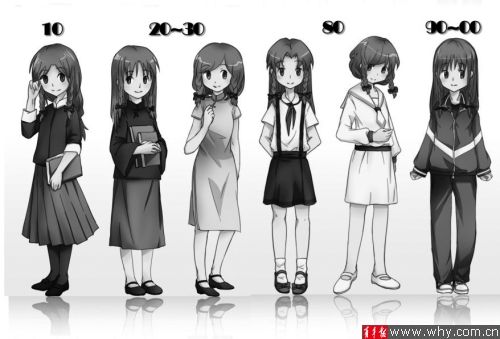 把不同年代的校服穿在卡通人物上引众人围观.