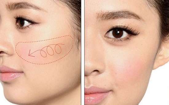 绯红圆型刷法一故意将腮红靠下涂,位置大概在与鼻翼和嘴角平行的范围