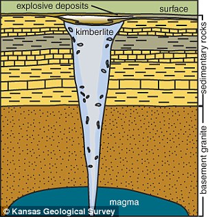 钻石在地壳运动或者人工开采时通过金伯利岩岩管到达地表pandanus