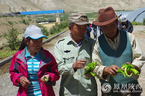 技术员范志强(中)指导吉让居委会加兴组村民塔觉(右)种植技术来自榆林